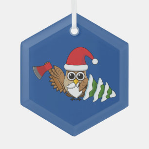 Christmas Owl with Axe and Snowy Pine Tree Glass Tree Decoration