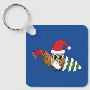 Christmas Owl with Axe and Snowy Pine Tree Key Ring