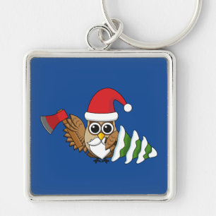 Christmas Owl with Axe and Snowy Pine Tree Key Ring