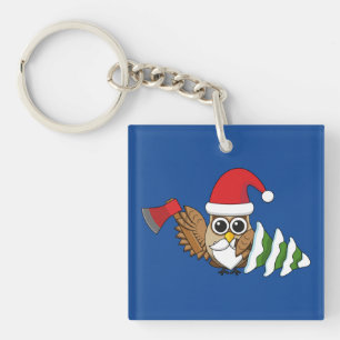 Christmas Owl with Axe and Snowy Pine Tree Key Ring