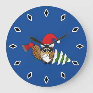 Christmas Owl with Axe and Snowy Pine Tree Large Clock