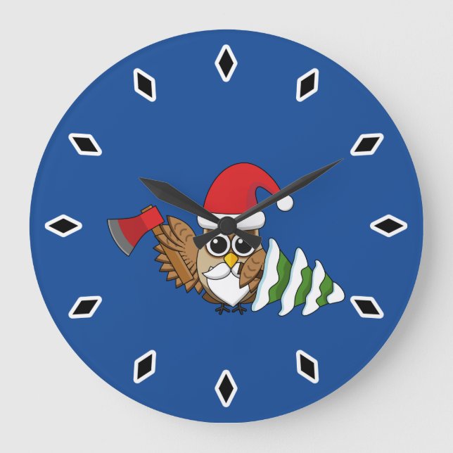 Christmas Owl with Axe and Snowy Pine Tree Large Clock (Front)