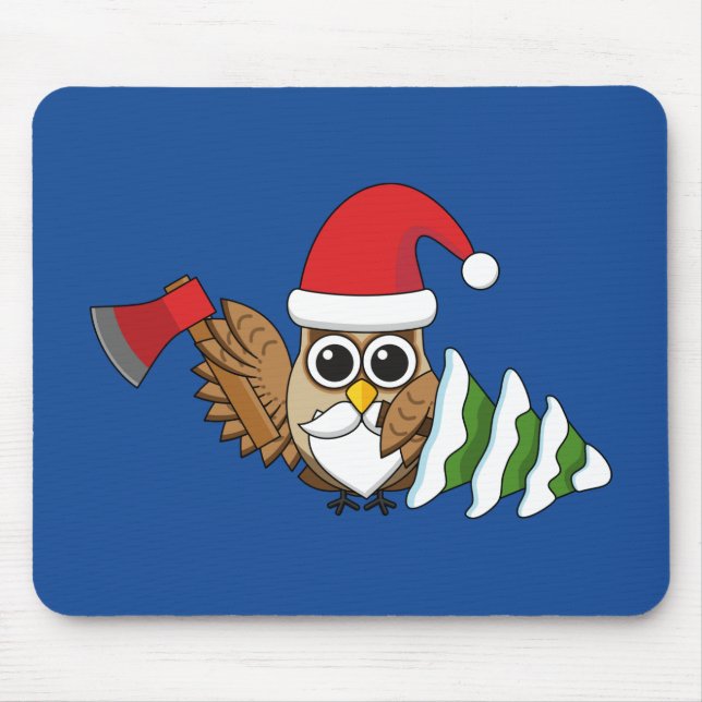 Christmas Owl with Axe and Snowy Pine Tree Mouse Pad (Front)