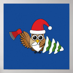 Christmas Owl with Axe and Snowy Pine Tree Poster