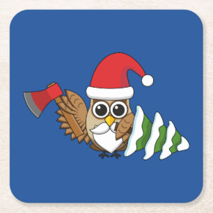 Christmas Owl with Axe and Snowy Pine Tree Square Paper Coaster