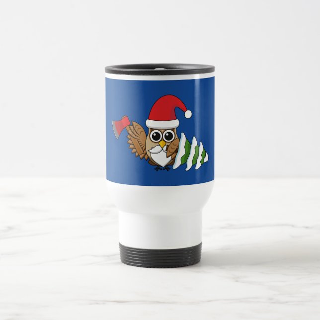 Christmas Owl with Axe and Snowy Pine Tree Travel Mug (Center)