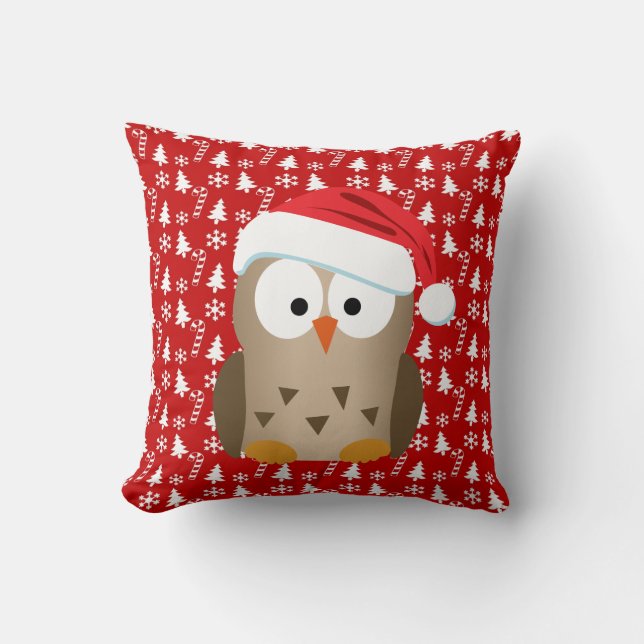 Christmas Owl with Santa Hat Cushion (Front)