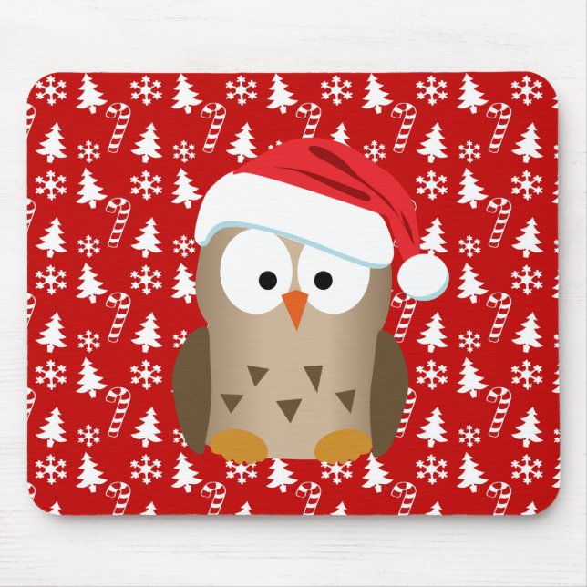 Christmas Owl with Santa Hat Mouse Pad (Front)