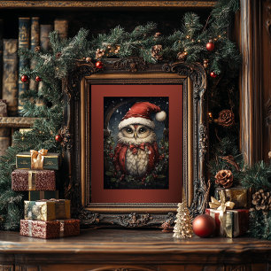 Christmas Owl with Santa Hat Poster