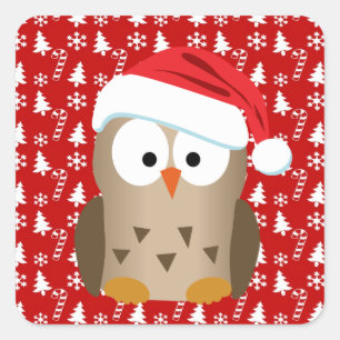 Christmas Owl with Santa Hat Square Sticker