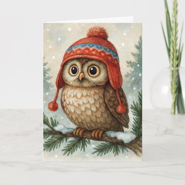 Christmas Owl with Winter Hat Card (Front)