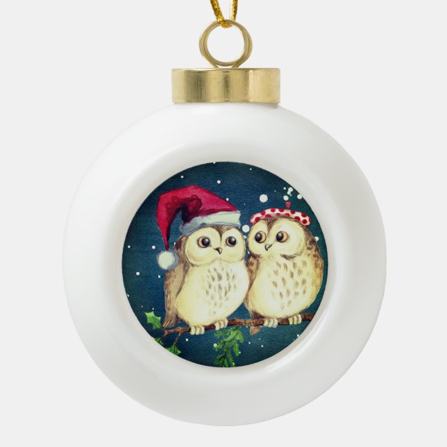 Christmas owls in love sweet ceramic ball christmas ornament (Front)
