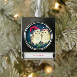 Christmas owls in love sweet silver plated banner ornament