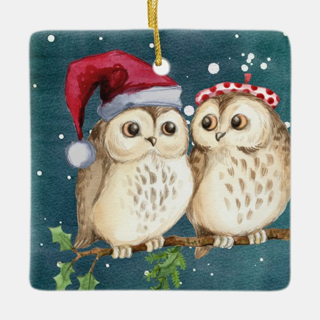Christmas Owls on Branch at Night Ceramic Ornament (Front)