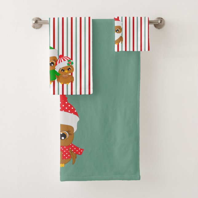 Christmas Owls on Teal and Red Bath Towel Set (Insitu)