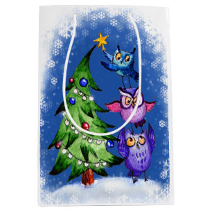 Christmas owls tree decoration medium gift bag