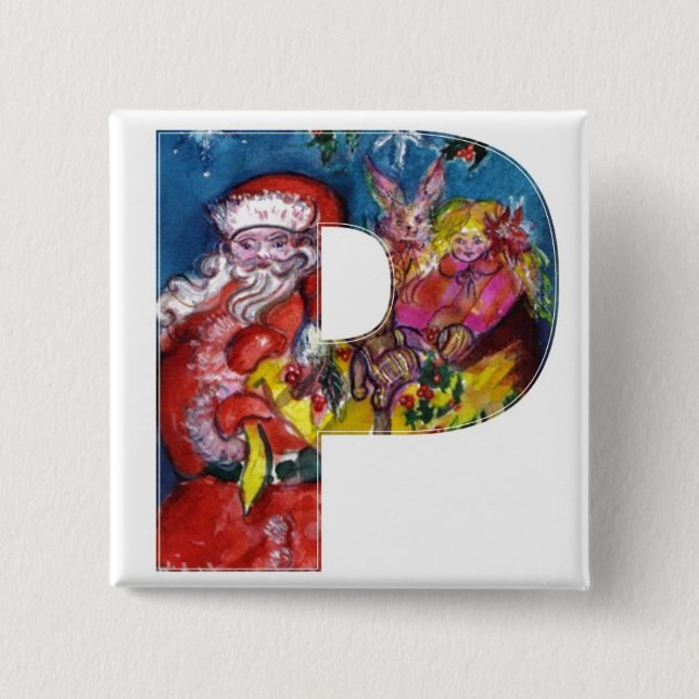 CHRISTMAS P LETTER  / SANTA  WITH GIFTS MONOGRAM 15 CM SQUARE BADGE (Front)