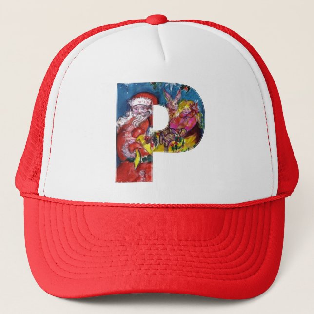 CHRISTMAS P LETTER  / SANTA  WITH GIFTS MONOGRAM TRUCKER HAT (Front)