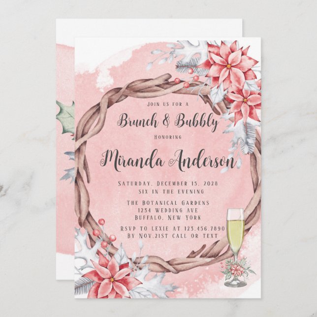 Christmas Painted Poinsettia Brunch & Bubbly Invitation (Front/Back)