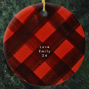 Christmas Painted Red Black Tartan Holiday Plaid Ceramic Ornament