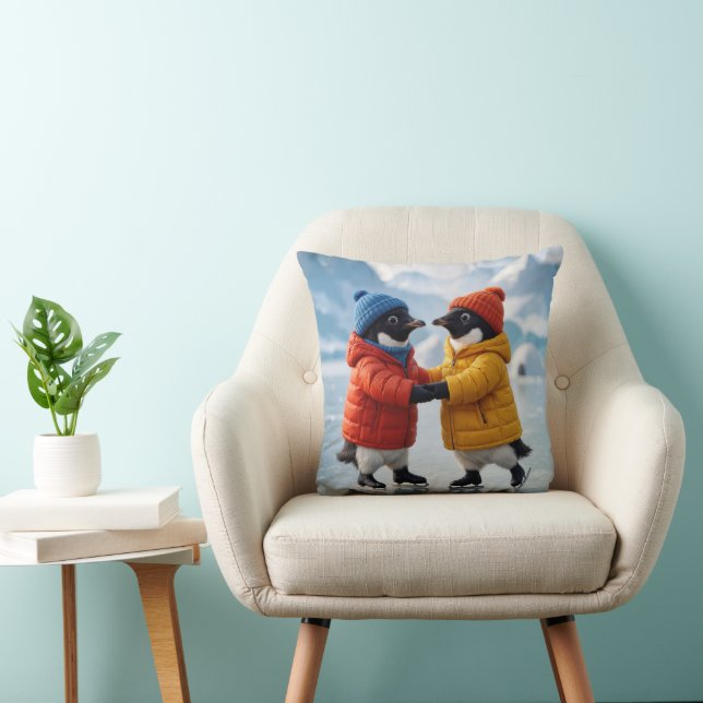 Christmas Pair of Penguins Ice Skating  Cushion (Chair)