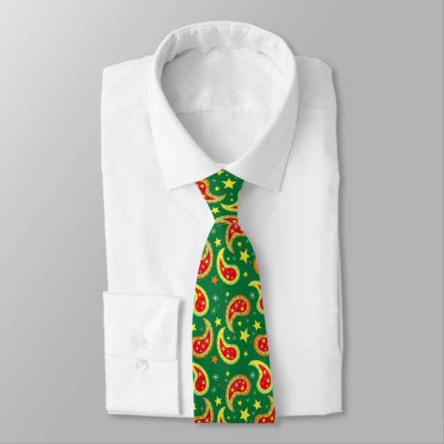Christmas paisley green red star tie (Tied)