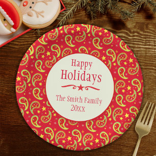 Christmas paisley red name holiday paper plate