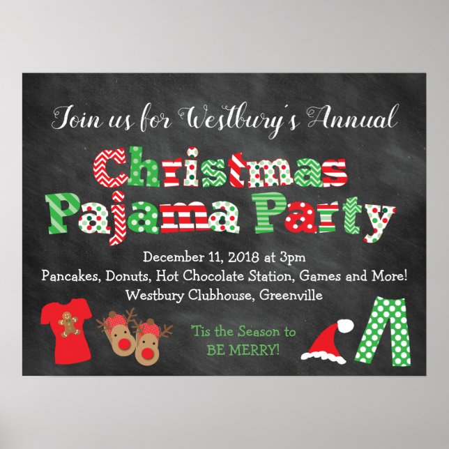 Christmas Pajama Party Chalkboard Style Poster (Front)