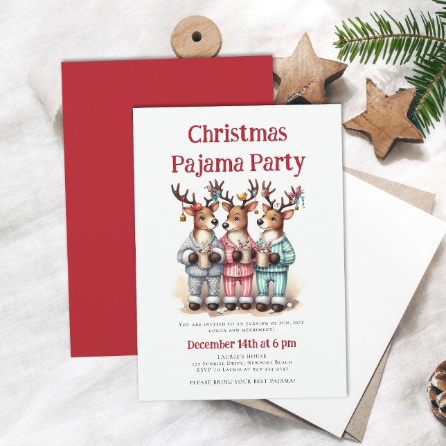 Christmas Pajama Party Funny Reindeer Sleepover Invitation (christmas pajama party invitation funny reindeer hot cocoa pj sleepwear sleepover teens kids cute )