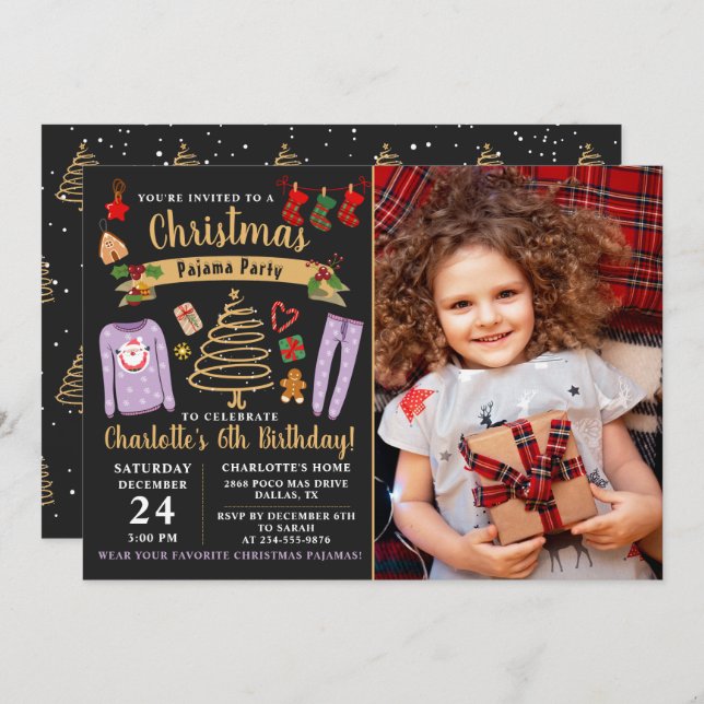 Christmas Pajama Party Girl Birthday Photo Invitation (Front/Back)