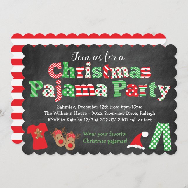 Christmas Pajama Party Invitation - Chalkboard (Front/Back)