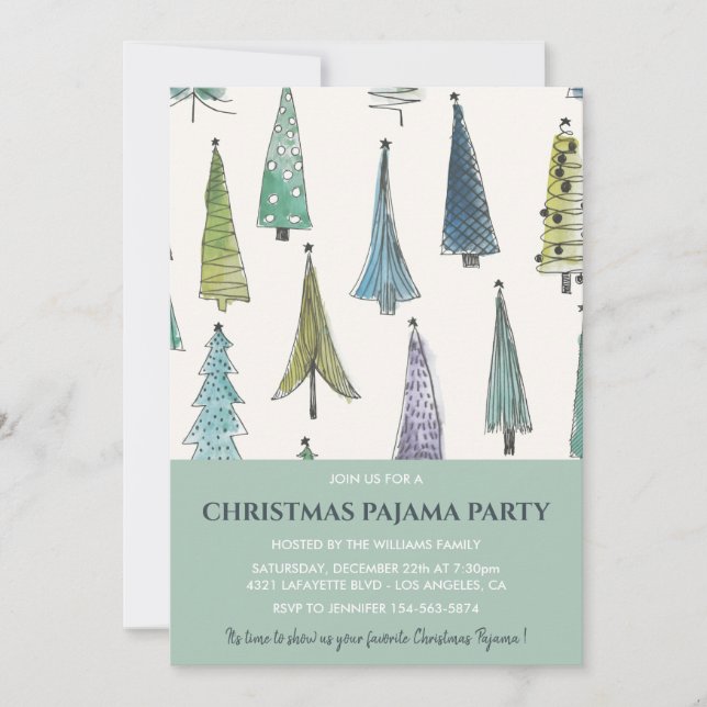 Christmas Pajama Party Invitation Cute Trees  (Front)