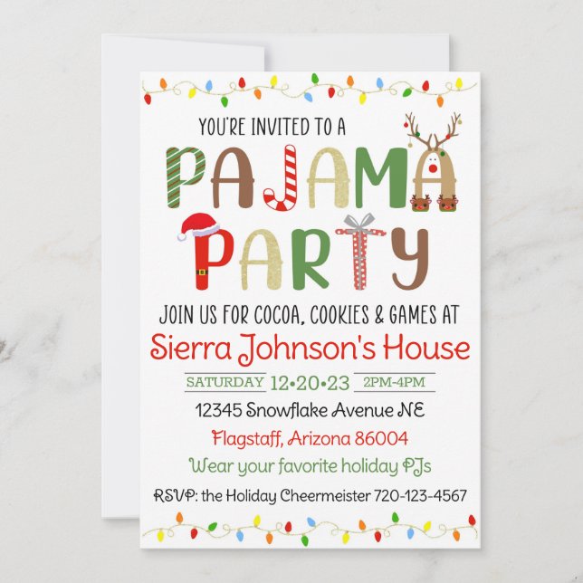 Christmas Pajama Party Invitation, PJ Invitation (Front)