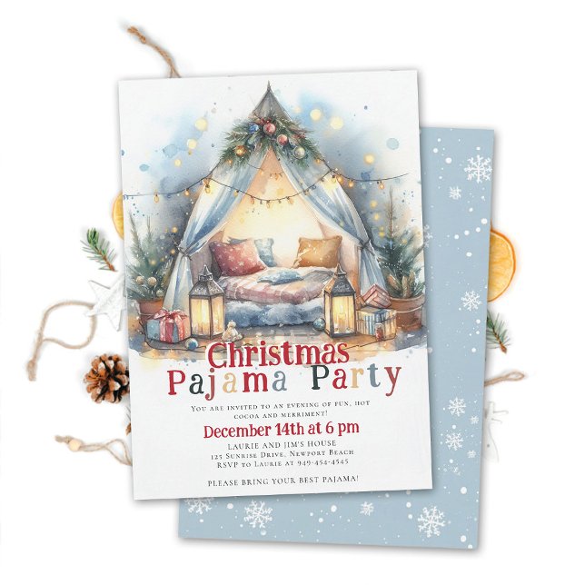 Christmas Pajama Party Tent Pillow Twinkle Lights  Invitation (christmas pajama party invitation slumber sleepover tent watercolor twinkle lights happy colorful )