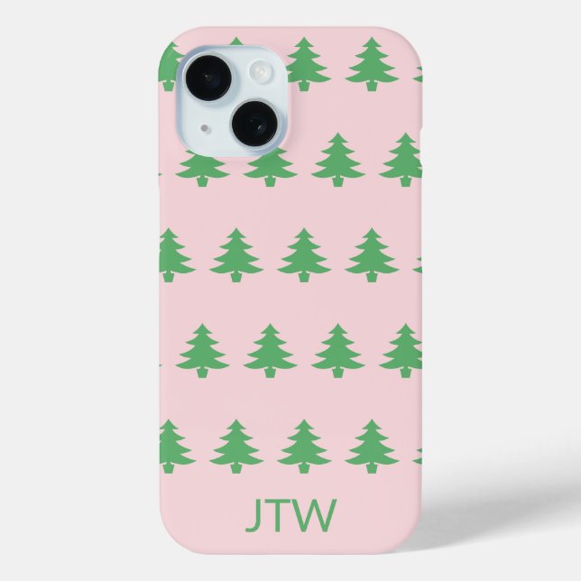 Christmas Pale Pink and Green Trees Monogram Case-Mate iPhone Case (Back)
