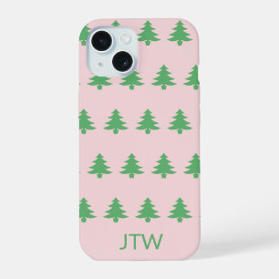 Christmas Pale Pink and Green Trees Monogram iPhone 15 Case