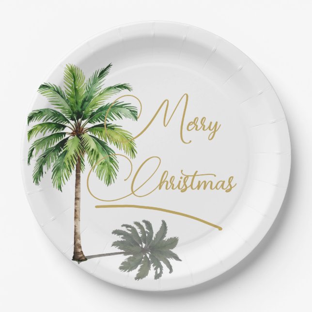 Christmas Palm Elegant Gold Merry  Paper Plate (Front)