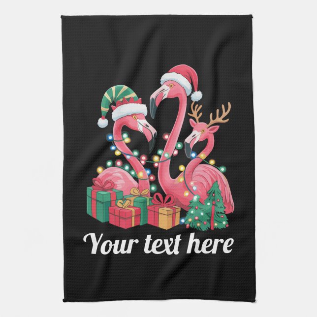 Christmas Palm Flamingo Personalised Xmas Lights  Tea Towel (Vertical)