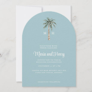 Christmas Palm Tree Arched Beach Wedding Monogram Invitation