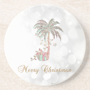 Christmas Palm Tree,Present,String Lights,Bokeh   Coaster