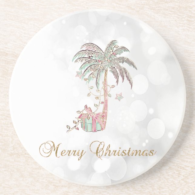 Christmas Palm Tree,Present,String Lights,Bokeh   Coaster (Front)