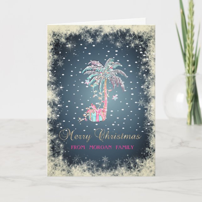 Christmas Palm Tree,Snow,Present Holiday Card (Front)