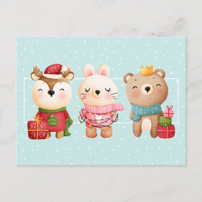 Christmas Pals - Reindeer, Bear & Rabbit Holiday Postcard (Front)