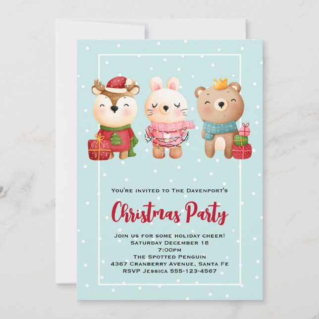 Christmas Pals - Reindeer Bear & Rabbit Party Invitation (Front)