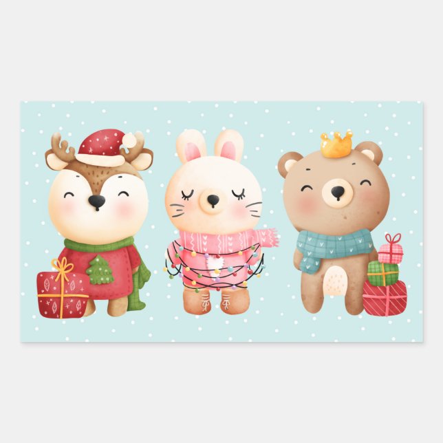 Christmas Pals - Reindeer, Bear & Rabbit Rectangular Sticker (Front)