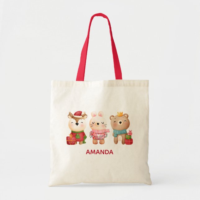 Christmas Pals - Reindeer Bear & Rabbit Tote Bag (Front)