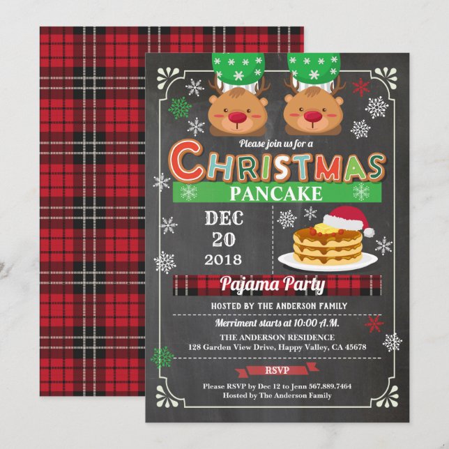 Christmas pancake and pajama party chalkboard kids invitation (Front/Back)