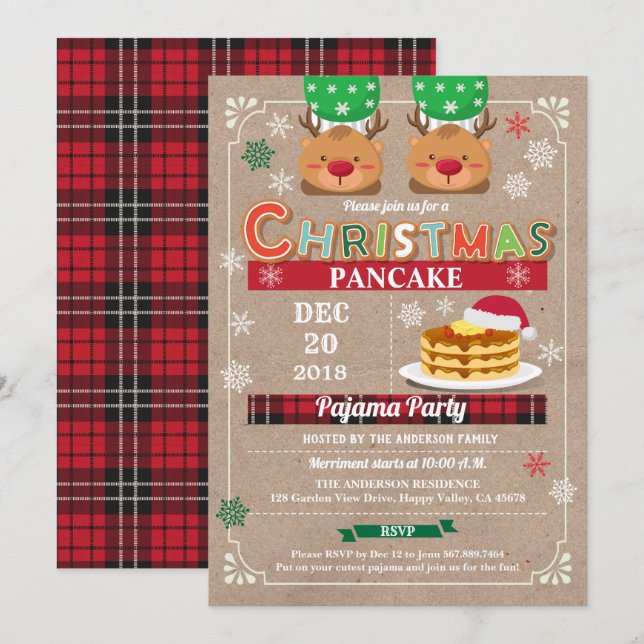Christmas pancake and pajama party kids birthday invitation (Front/Back)