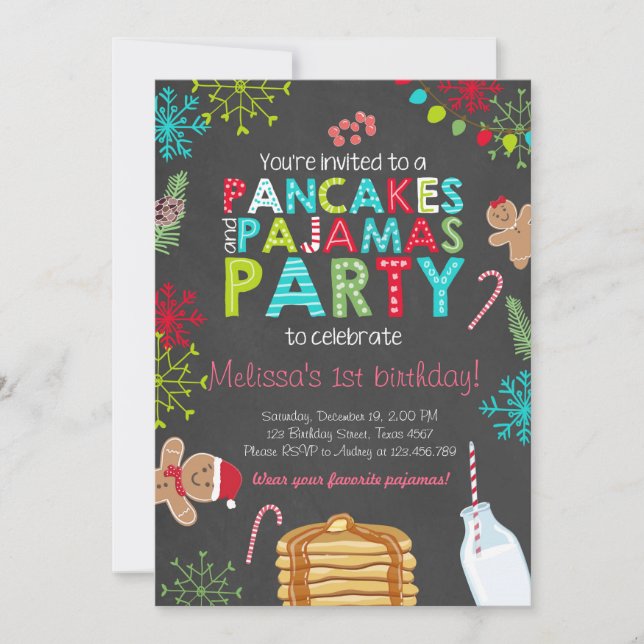 Christmas Pancake and Pyjamas birthday invitation (Front)