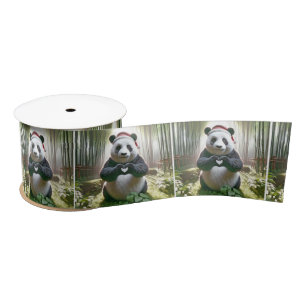 Christmas Panda Bear In Bamboo Forest Satin Ribbon